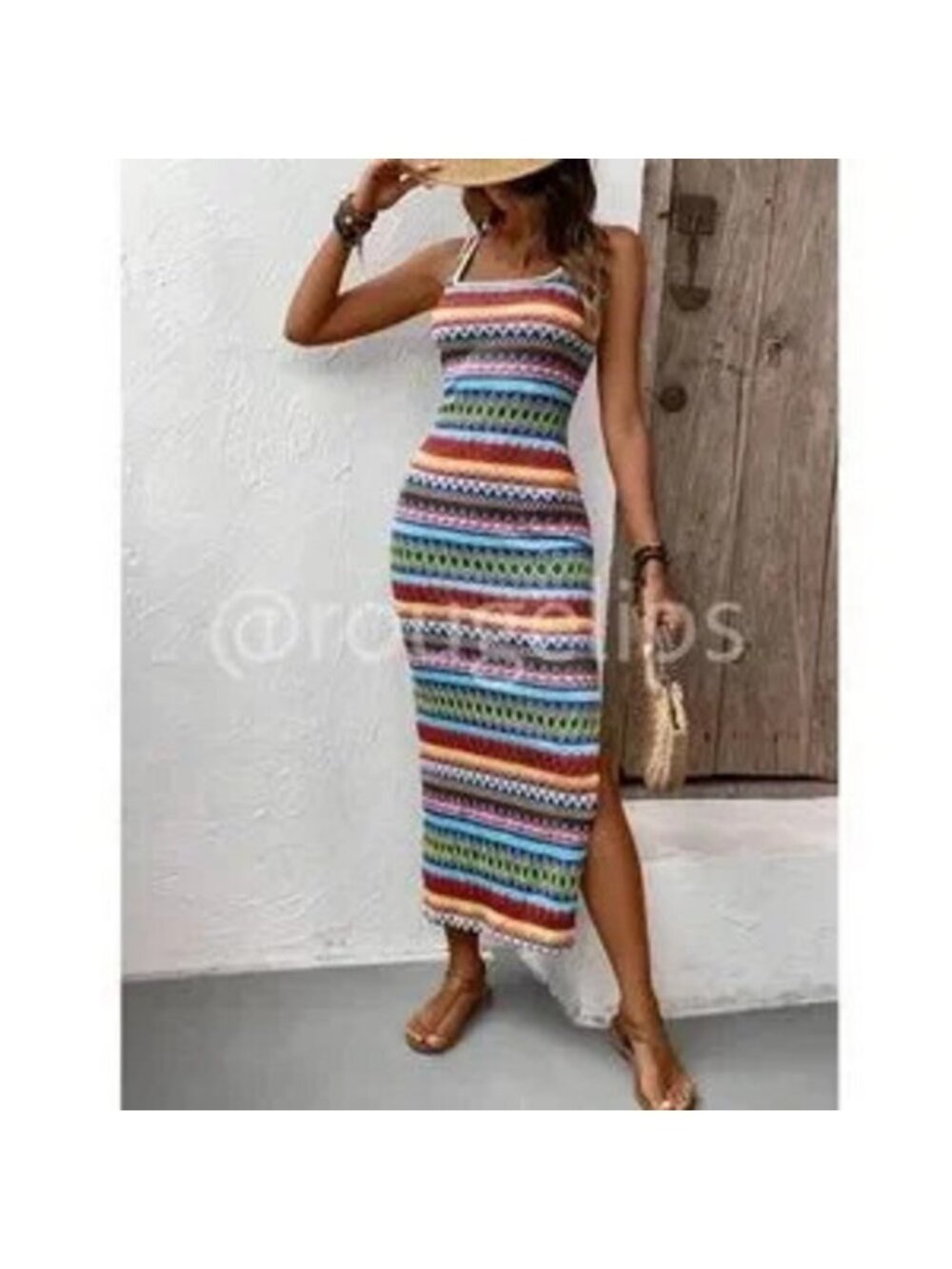 Knit Striped Tank Dress Side Leg Slit Long Ribbed Multicolor Long Slim - Picture 2 of 4